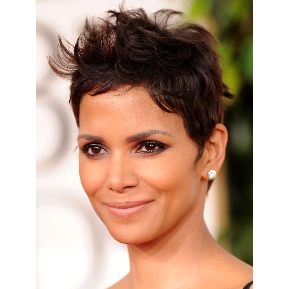 Halle Berry Kurze Schwarz Pixie Cut Echthaar Perücke