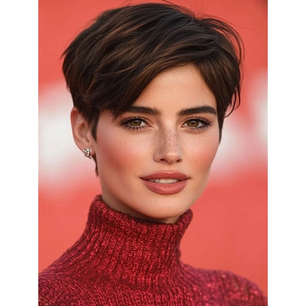 Kurzer Pixie Cut Damen Braun 100% Echthaar Perücken Deutschland