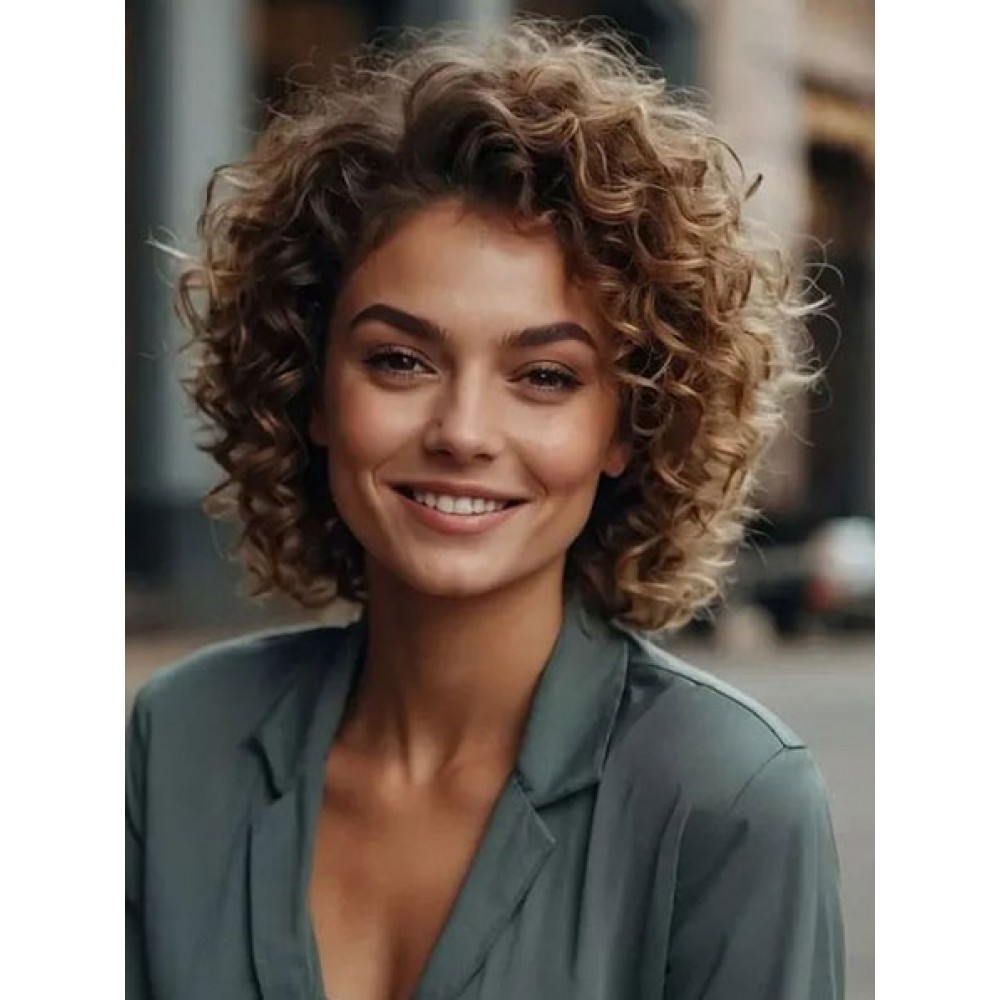 Trendy Damen Braune Lockige 100% Echthaar Perücke