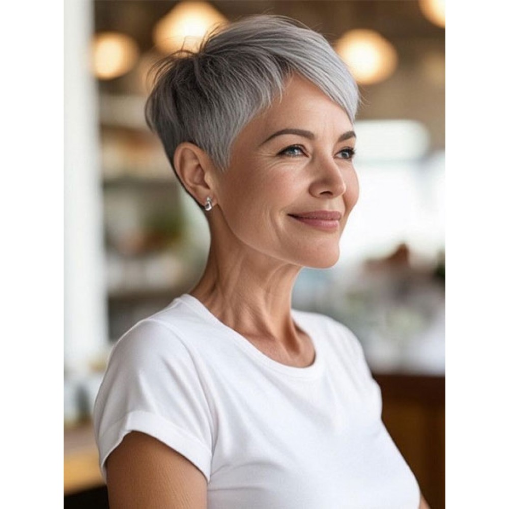 Pixie Cut Graue Echthaar Perücken für ältere Frauen