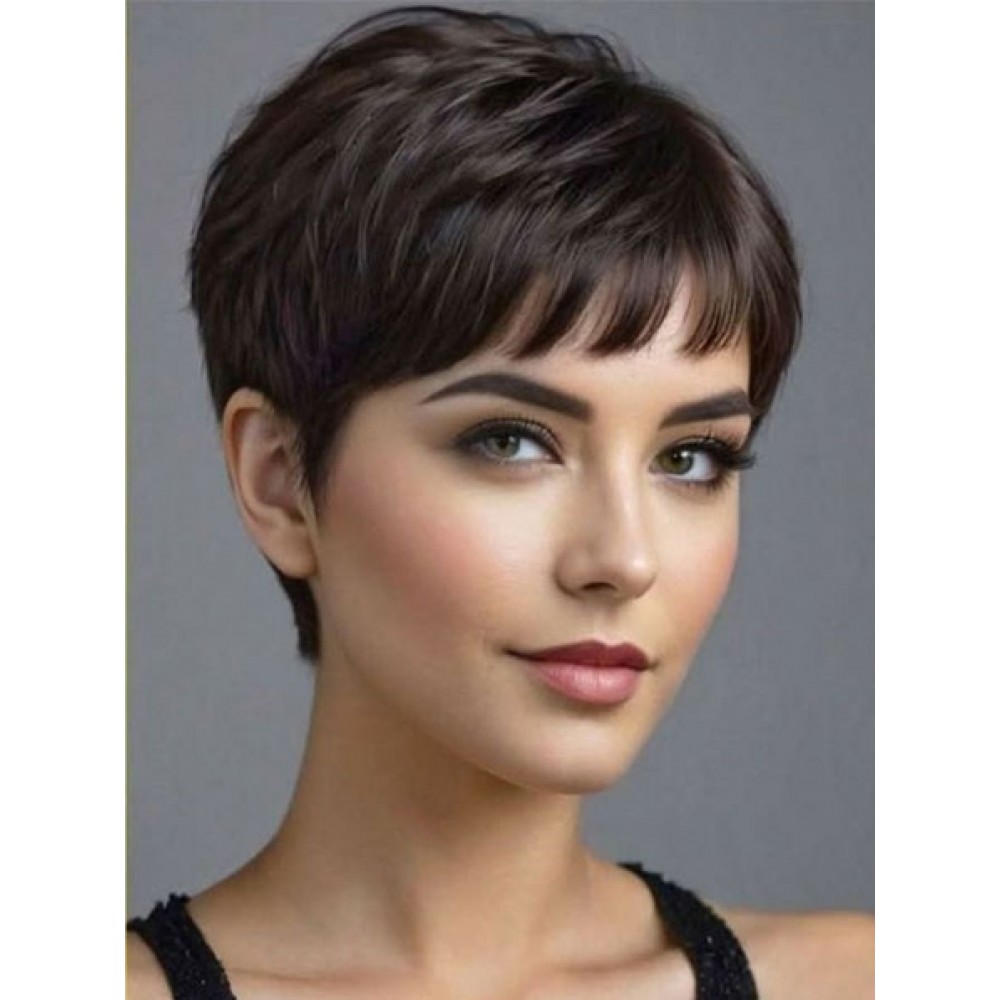 Schöne Braune Pixie Perücken aus Echtem Haar mit Glatten Kanten