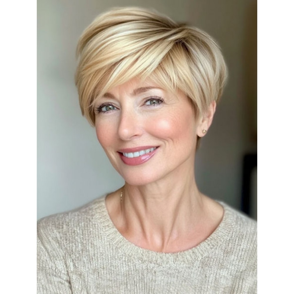 Volle Spitze Pixie Cut Glattes Echthaar Perücke