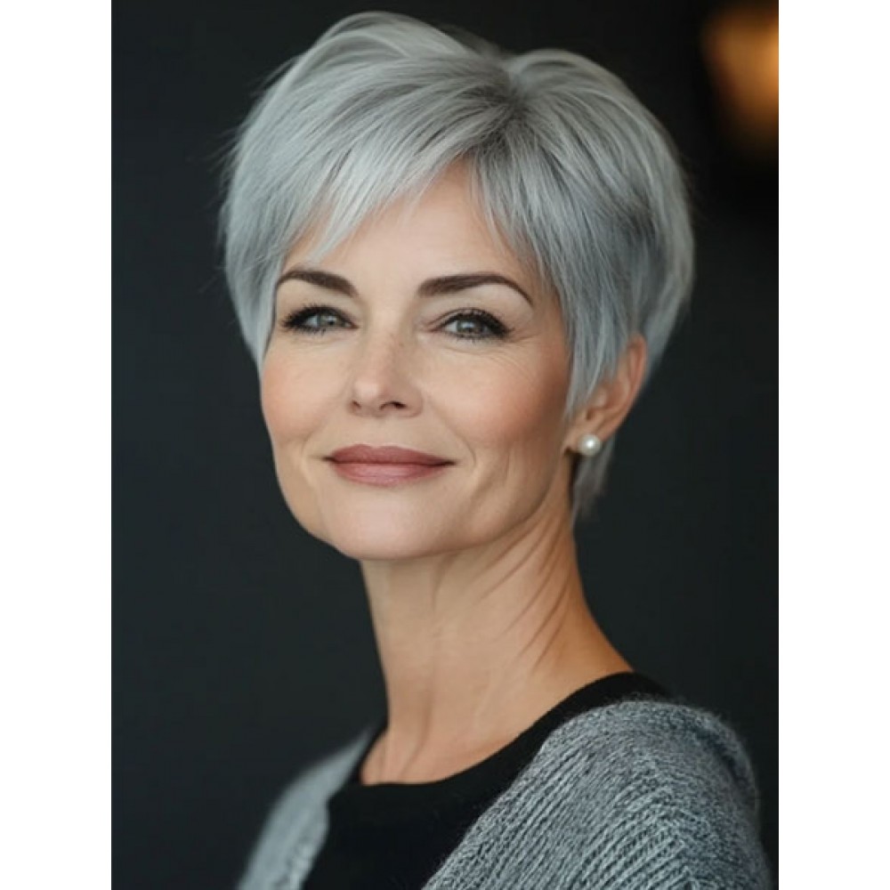Pixie Cut Vollspitze Glatt Grau Echthaar Perücke