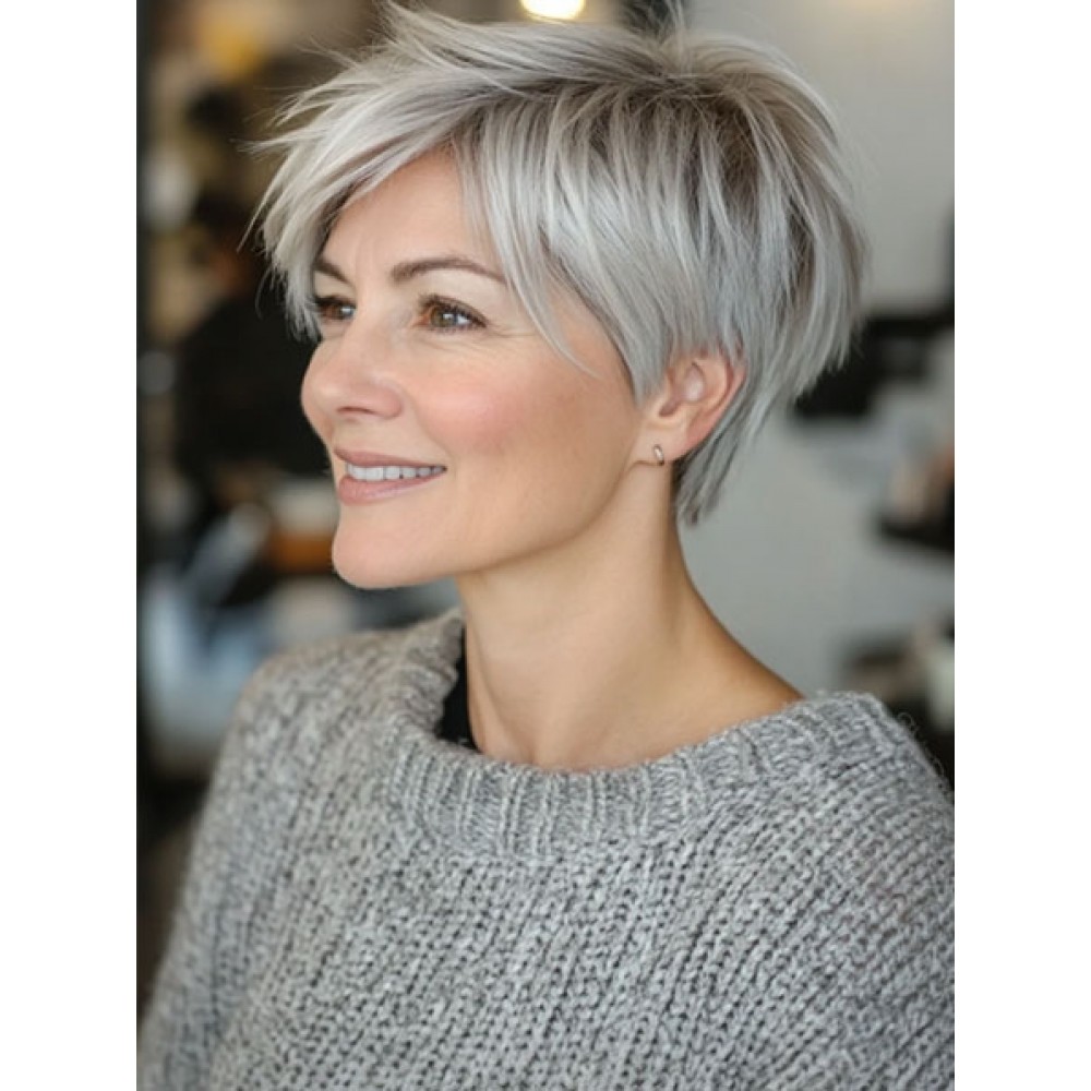 2025 Pixie Cut Graue Damen Gerade Synthetische Perücke