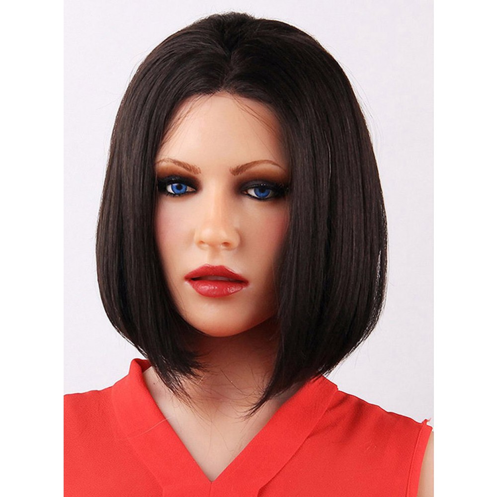 Mittellange Gerade Echthaar Frauen Full Lace Perücke