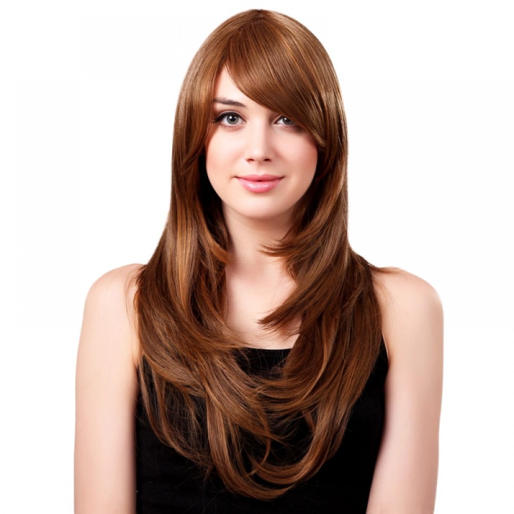 Weibliche Synthetische Schräger Pony Lange Locken Hellbraune Haar Perücke 