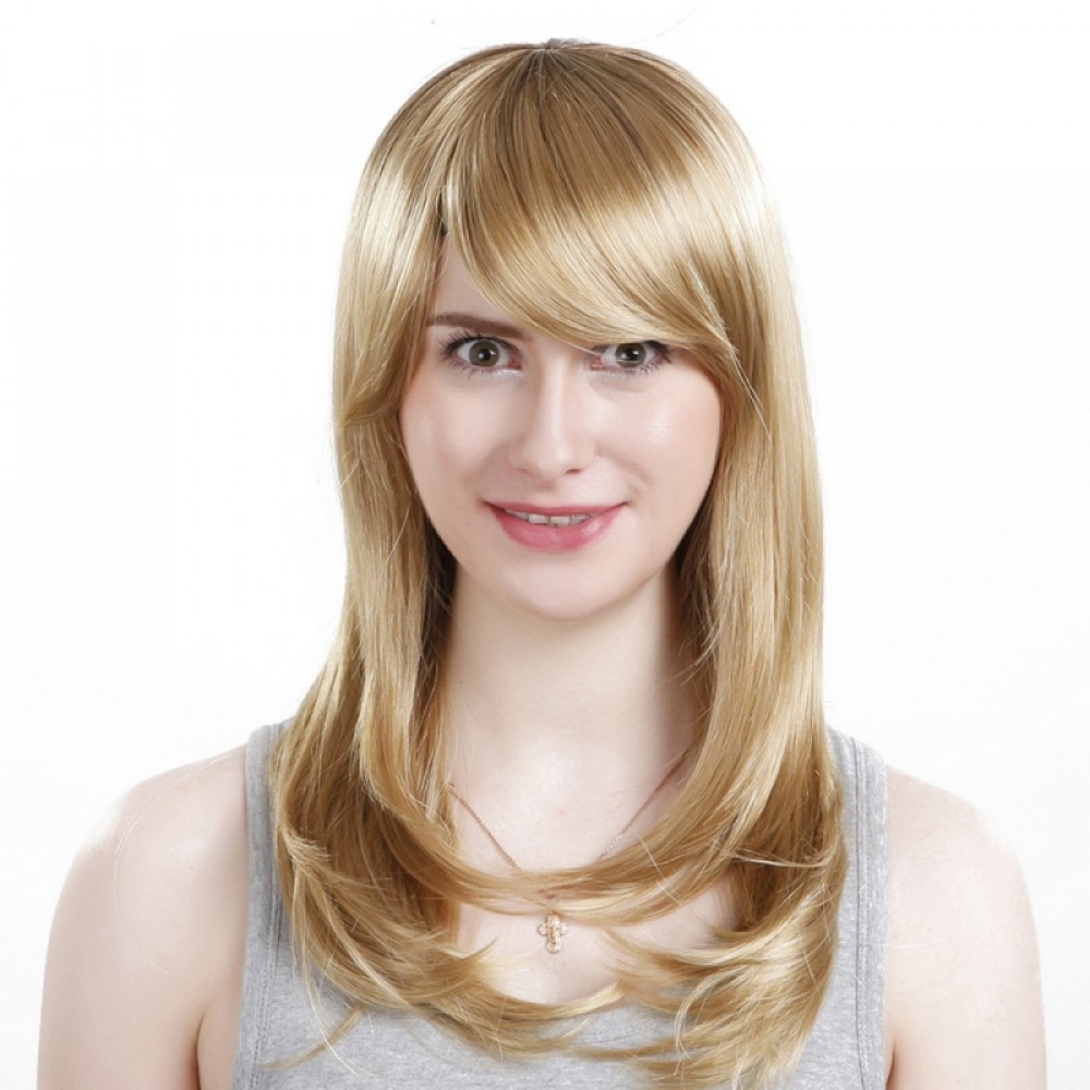 Modisch Weibliche Chemische Faser Schräger Pony Lange Gerade Blonde Haar Perücke 