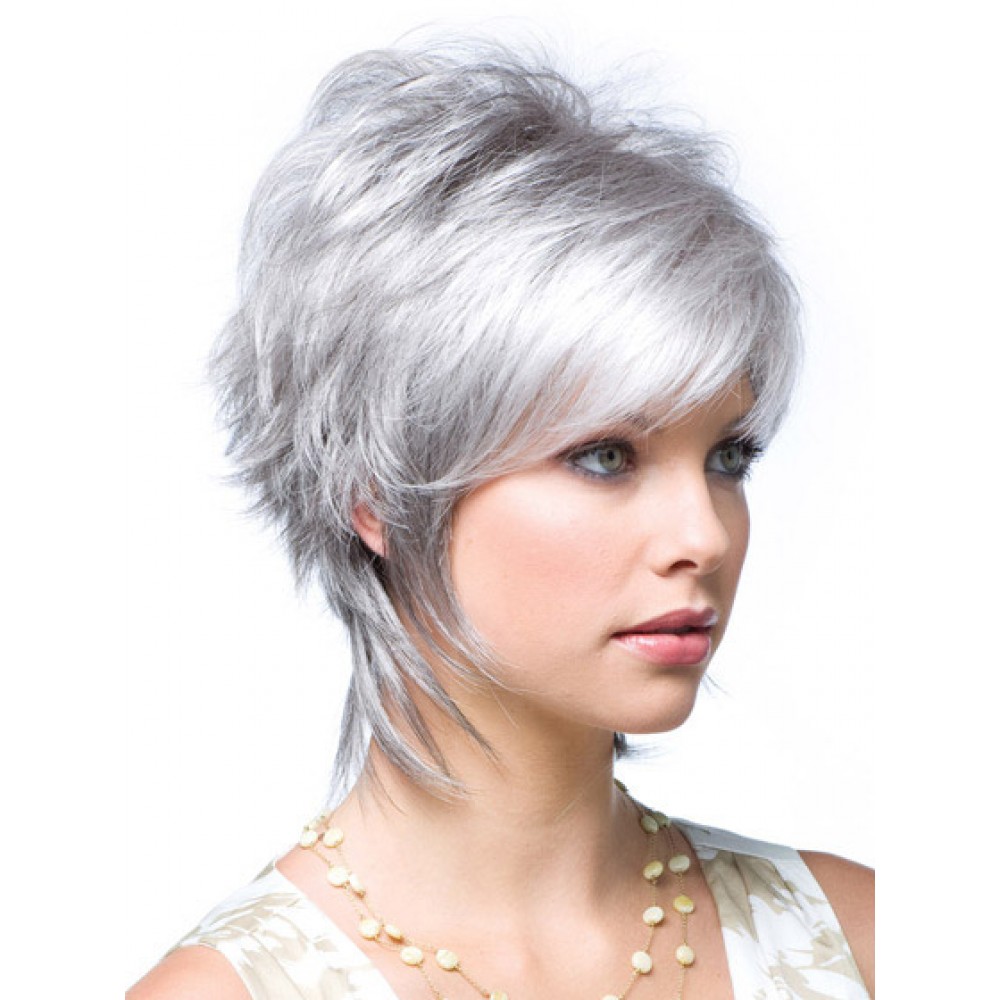 Kurze Glatt Lace Front Monofilament Layered Graue Perücke mit Pony